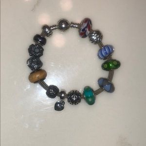 Pandora 5 Strand Bracelet, Tan, 14 assorted charms